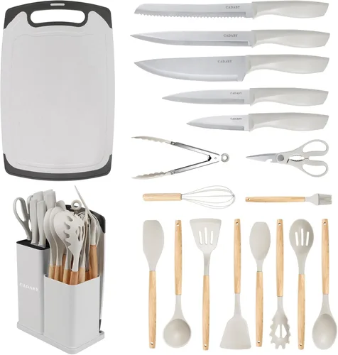Juego de utensilios de cocina de 19 piezas, 11 piezas de utensilios de cocina de silicona, juego de 6 cuchillos blancos afilados de acero inoxidable
