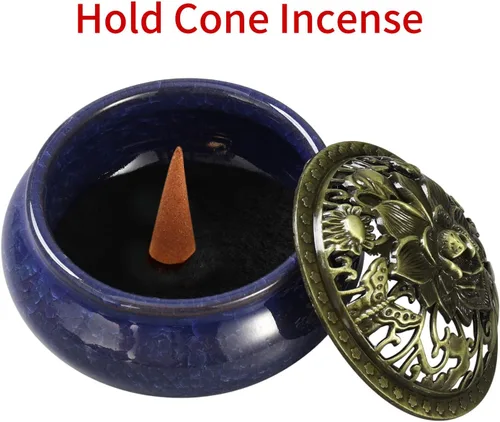 Miniatura 6 de Miupoo Quemador de incienso y soporte de incienso con soporte de palo de incienso de latón, atrapador de cenizas de cerámica (azul oscuro)