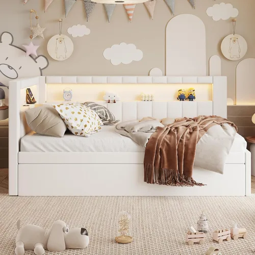 Miniatura 4 de Cama de plataforma tapizada de tamaño individual con puertos USB y luces LED, sofá cama con nido y cabecera en forma de L, cama esquinera suave