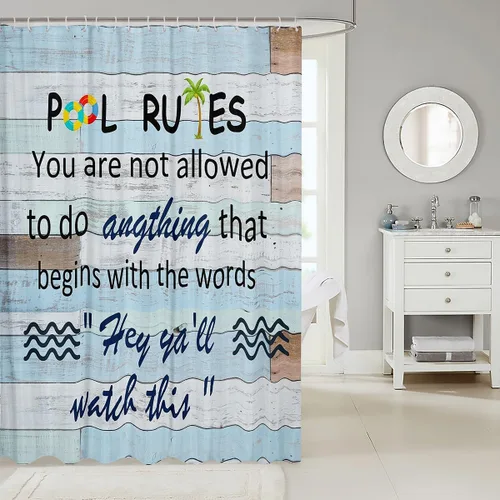 Miniatura 2 de Homewish Pool Rules - Cortina de ducha de madera azul, juego de cortina de ducha para niños y adultos, cortina de baño temática de verano, cortinas
