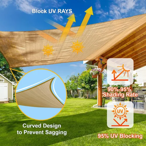 Miniatura 4 de SUNLAX Vela de Sombra Solar 8' x 10' Arena Rectángulo Toldo Vela Sombra Cubierta Bloqueo UV Permeable Parasol Exterior para Patio Patio Trasero