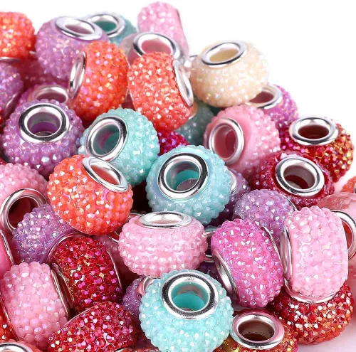 Miniatura 15 de 100 Piezas Cuentas Espaciadoras Europeas de Agujero Grande de 0.551 pulgadas, Mezcla de Colores con Núcleos de Latón Plateado Surtidos Cuentas