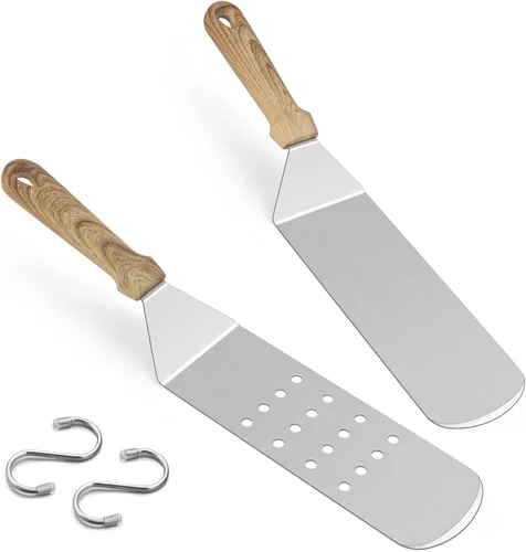 Miniatura 9 de HaSteeL Espátula de plancha de metal, acero inoxidable larga con mango remachado, girador de hamburguesas perforado resistente y sólido para cocinar