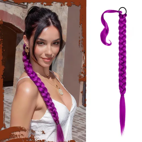 Miniatura 58 de Sofeiyan Extensión de cola de caballo de trenza larga con banda para el cabello, lacio, elegante, envolvente, extensiones de cabello trenzado, cola
