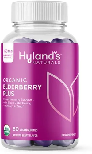 Hyland's Gomitas orgánicas de saúco Plus, saúco negro orgánico con zinc y vitamina C, suplemento de apoyo inmunológico para adultos, 60 gomitas