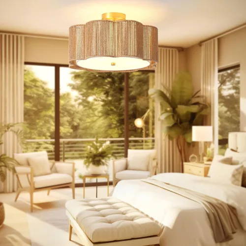 Miniatura 7 de Lámpara de Techo Empotrada de Ratán de 17.7", Luminaria de Techo Boho de 3 Luces Cerca del Techo, Lámpara de Techo de Ratán para Dormitorio, Amarillo