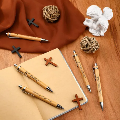 Miniatura 4 de Paquete de 10 bolígrafos retráctiles de bambú cristianos con versículos bíblicos para el Día del Padre, con tinta positiva, regalo cristiano