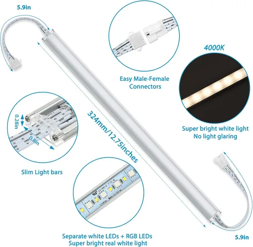 Miniatura 7 de Luz LED para debajo del gabinete de cocina. RGBW. Cambio de color y luz blanca fría superbrillante. Control remoto con atenuación. 6 barras de luz