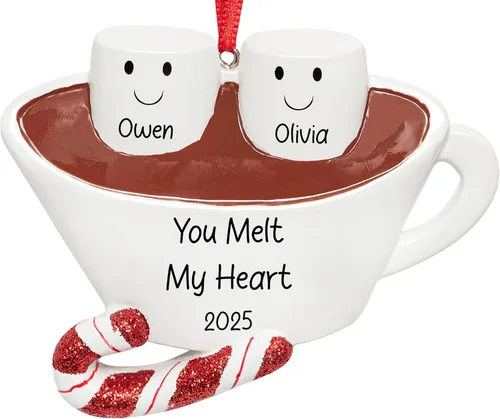 Miniatura 10 de Adorno de Navidad personalizado de la familia de 6 de chocolate caliente 2026 Malvaviscos personalizados en taza de cacao con bastón de caramelo