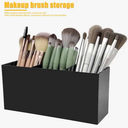 Miniatura 2 de Cerpourt Organizador de brochas de maquillaje negro, soporte de almacenamiento de brochas cosméticas de acrílico con 3 ranuras, soporte para lápices