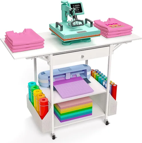 𝐂𝐫𝐚𝐟𝐢𝐭 Mesa Plegable de Prensa de Calor—Sostiene 36 Rollos de Vinilo, Carro de Soporte de Prensa de Calor Movible con Bolsa de Almacenamiento, Banco
