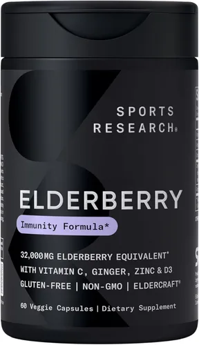 Sports Research® Soporte inmunológico diario de saúco con zinc, vitamina C, jengibre y vitamina D3 5000iu, sin gluten, verificado sin OMG, sin soja,