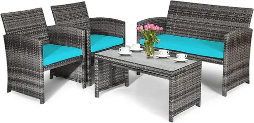 HAPPYGRILL Juego de 4 piezas para conversación de patio con cojines suaves, juego de muebles de ratán con mesa de centro de mimbre de polietileno y