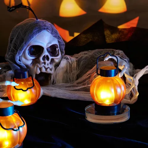 Miniatura 3 de IMAGE Farol de calabaza parpadeante, paquete de 12 luces LED parpadeantes de Halloween con velas sin llama que funcionan con pilas para Halloween