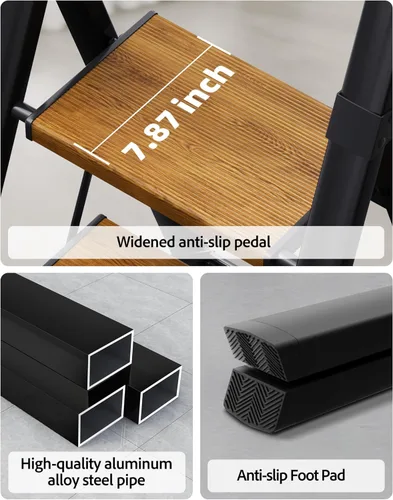Miniatura 2 de Escalera de 3 escalones, taburete plegable con pedal ancho de aluminio y cómodo agarre, escalera de acero de capacidad de 330 libras para el hogar