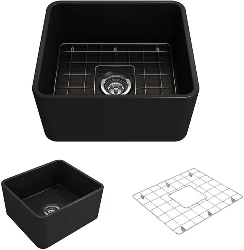 BOCCHI Classico Farmhouse Fregadero de cocina de arcilla refractaria con frente de delantal de 20 pulgadas, un solo tazón, con rejilla protectora