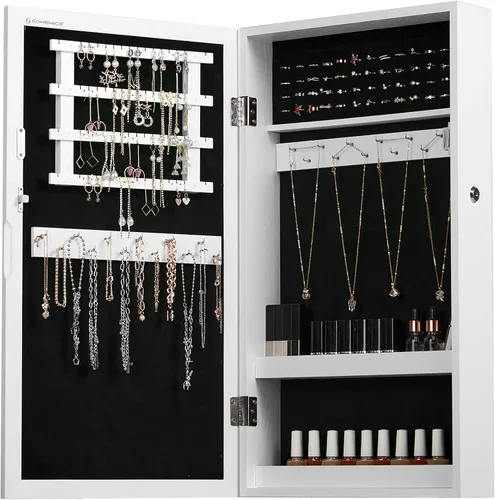 Miniatura 7 de SONGMICS Armario de joyería con cerradura con espejo, organizador de almacenamiento de joyas para ahorrar espacio, blanco UJJC51WT