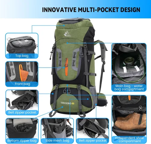 Miniatura 4 de Bseash Mochila impermeable de 80L para senderismo y camping con funda para la lluvia, ligera, para deportes al aire libre, viajes, mochila de día