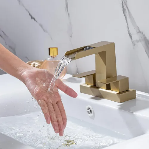 Miniatura 2 de Grifo de cascada de baño central de 4 pulgadas, 2 manijas y 3 agujeros, grifo de lavabo de cascada con desagüe desplegable con desbordamiento, oro
