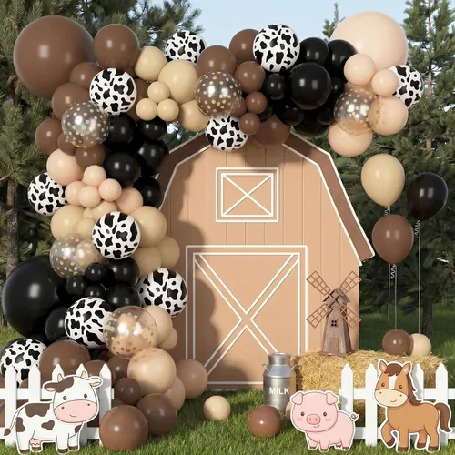 Miniatura 4 de Kit de Arco de Guirnalda de Globos de Vaquero Occidental de 170 Piezas, Globos de Confeti Negro y Marrón con Estampado de Vaca para Granja