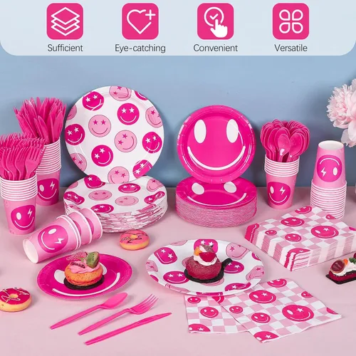 Miniatura 4 de Durony 350 Piezas Decoraciones de Cumpleaños Preppy Suministros de Fiesta Disco Cowgirl para 50 Invitados Platos de Papel Sonrisa Cara Rosa, Copa