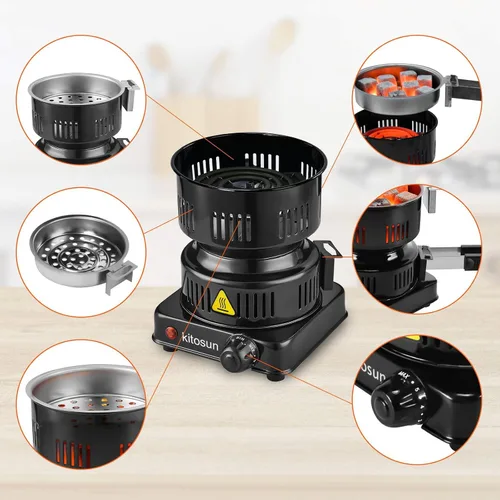 Miniatura 3 de Quemador eléctrico de carbón de coco de 600 W ETL para barbacoa camping cocina Fast Heating Coal Burner Hot Plate, Detachable Handle, Stainless