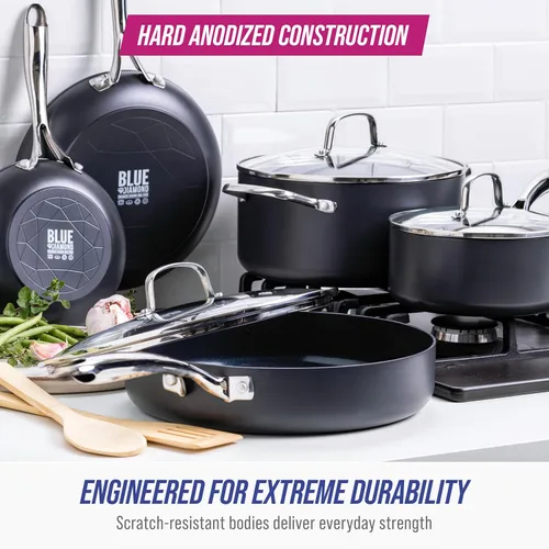 Miniatura 3 de Blue Diamond Cookware - Juego de ollas y sartenes de cerámica anodizada dura, antiadherente, 10 piezas, no tóxico, sin PFAS, apto para lavavajillas
