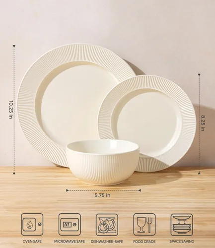 Miniatura 2 de TheTerra Juego de vajilla de cerámica para 4, 12 piezas, platos y cuencos de cerámica, resistentes a los arañazos, apto para horno, microondas