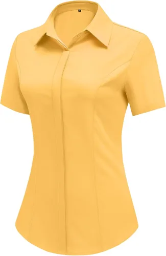 Miniatura 6 de HOTOUCH Camisas de manga corta con botones para mujer, blusa con cuello ajustado, blusa básica de verano para oficina, tallas S-2XL