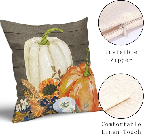 Miniatura 2 de Kawani Fundas de almohada decorativas blancas y naranjas de calabaza de otoño de 18x18 pulgadas con hojas de girasol y madera, juego de 2, cojines