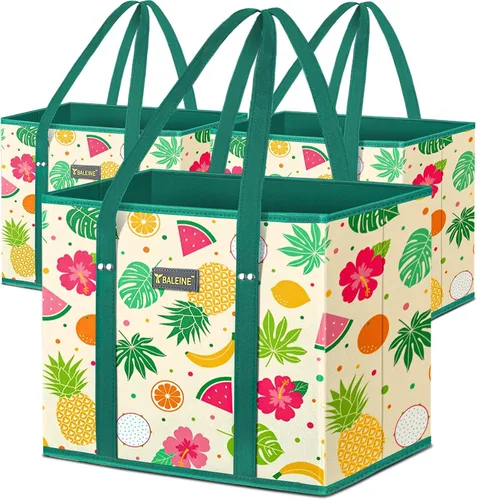 Miniatura 20 de BALEINE Paquete de 3 bolsas de comestibles reutilizables, bolsas de compras plegables para comestibles con parte inferior reforzada y asas