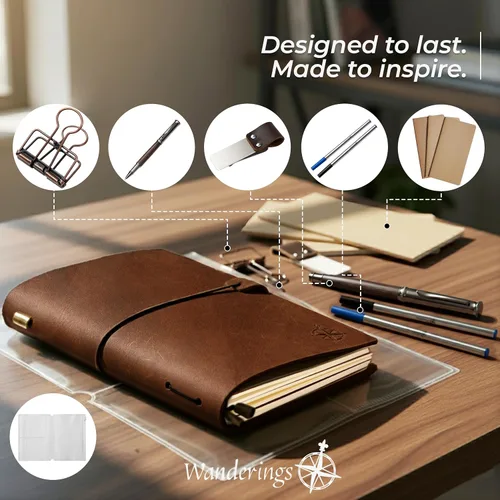 Miniatura 2 de WANDERINGS Cuaderno A5 Travelers hecho a mano, de cuero auténtico, 6 x 8.5 pulgadas, diario de viaje recargable con soporte para bolígrafo