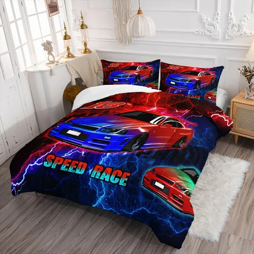Miniatura 20 de AILONEN Juego de edredón de camión tamaño individual, juego de ropa de cama con temática de camión monstruo 3D sobre fondo azul, para niños y niñas
