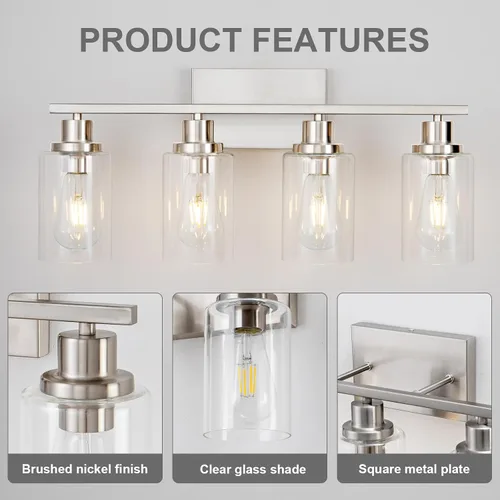 Miniatura 6 de 4 Luces Accesorios de Iluminación para Baño Níquel Cepillado Luz de Tocador Sobre Espejo Moderno Estilo Granja Apliques de Iluminación de Pared