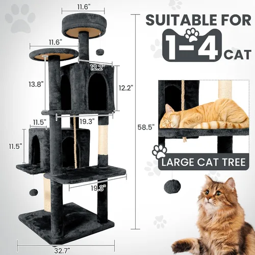Miniatura 2 de Torre de 58.5 pulgadas para gatos de interior, casa de gato de felpa suave de varios niveles con 1 cueva giratoria de 360°, poste rascador, más Gris