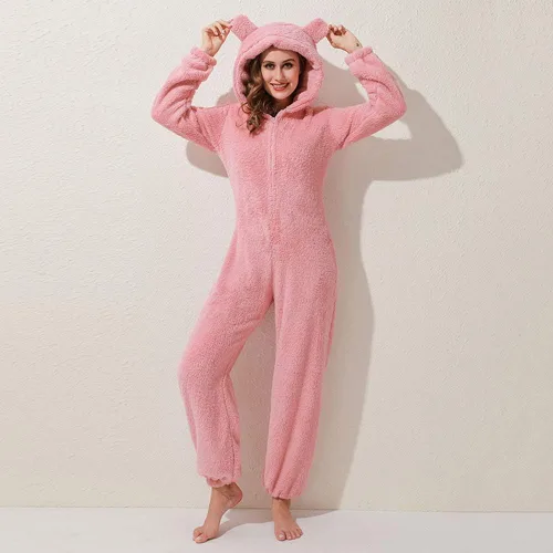 Miniatura 18 de Pijama de forro polar para mujer, mameluco cálido de sherpa, ropa de dormir de una pieza con cremallera y capucha