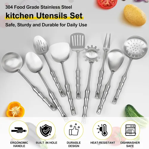 Miniatura 4 de Juego de utensilios de cocina de acero inoxidable de 18 y 10 piezas, 9 piezas de utensilios de cocina de metal de 14 pulgadas de largo, resistentes
