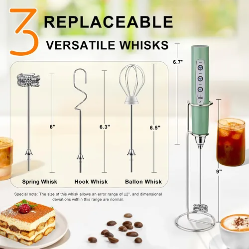 Miniatura 4 de YUSWKO - Espumador de leche recargable de granito para café con soporte, mezclador manual para bebidas con 3 cabezas, 3 velocidades, agitadores
