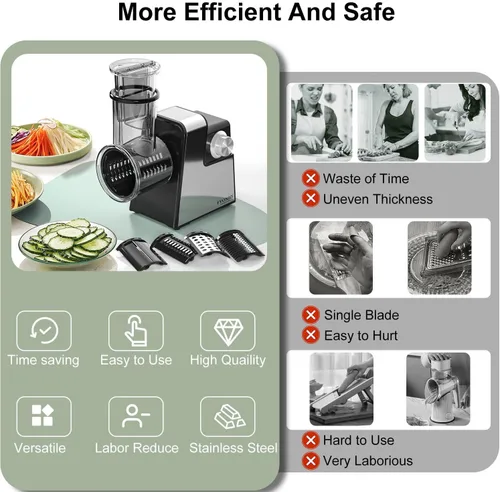 Miniatura 8 de Rallador Eléctrico de Queso, Fabricante de Ensalada 5 en 1 con Cuchillas de Acero Inoxidable, Triturador/Rebanador Eléctrico de 350W, Máquina