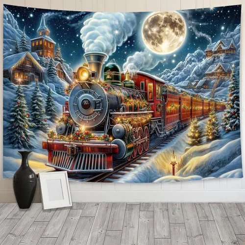 Miniatura 9 de Tapiz de Tren de Vapor, Tapices de Paisaje Otoñal de Tren de Motor Antiguo Decoración para Niños, Tapices de Arte de Acuarela de Bosque de Montaña