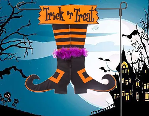 Miniatura 3 de Bandera graduada de Feliz Halloween con pies de bruja de truco o trato, decoración para exteriores, decoración del hogar, doble cara