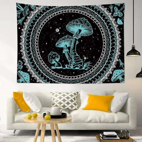 Miniatura 12 de SCECALA Tapiz bohemio de hongos, mandala blanco y negro para colgar en la pared para dormitorio, decoración bohemia del hogar, 60 x 40 pulgadas