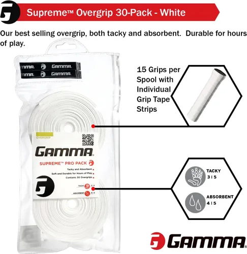 Miniatura 4 de Gamma Sports Supreme Overgrip para raquetas de tenis, pickleball, squash, bádminton y raquetball, varios tamaños y colores Blanco