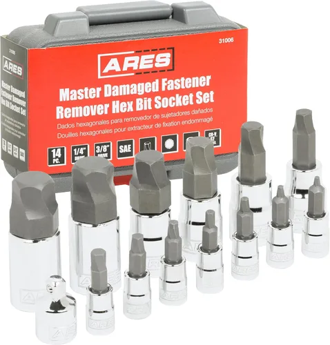 ARES 31006 - Juego de llaves hexagonales para quitar sujetadores dañados SAE de 14 piezas, dados de acero de primera calidad para quitar sujetadores