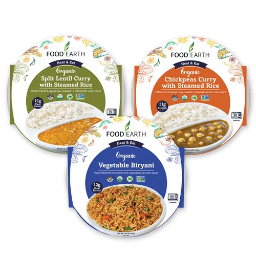 Food Earth Paquete de cocina india listo para comer, curry de lentejas partidas, garbanzos al curry con arroz al vapor y verduras Biryani -