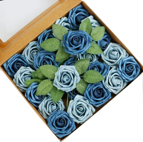 Miniatura 21 de Higfra Flores artificiales, 25 rosas falsas de espuma de aspecto real con tallos para ramos de boda, centros de mesa de despedida de soltera, Brillo