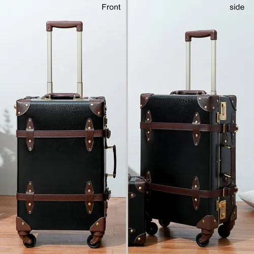 Miniatura 6 de urecity Juego de 2 maletas vintage, maleta retro con ruedas para hombres y mujeres, lindo juego de equipaje de viaje de diseñador con bolsa