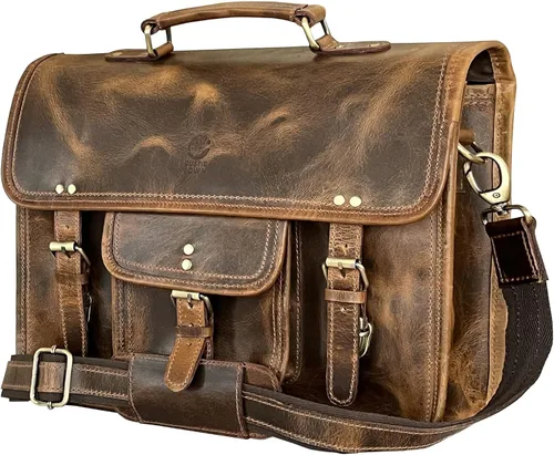 RUSTIC TOWN Bolso bandolera de cuero para hombre – Maletín de cuero de grano completo para laptop, bolsa de viaje cruzada de oficina Marrón