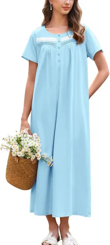 Miniatura 18 de Ekouaer Camisón para Mujeres de Algodón Camisón Largo de Noche Camisón de Manga Corta con Bolsillos Camisón con Botones Ropa de Dormir Suave