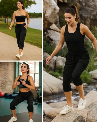 Miniatura 18 de RBX - Pantalón capri deportivo con cordón,ligero, con bolsillos y estilo cargo, para mujer